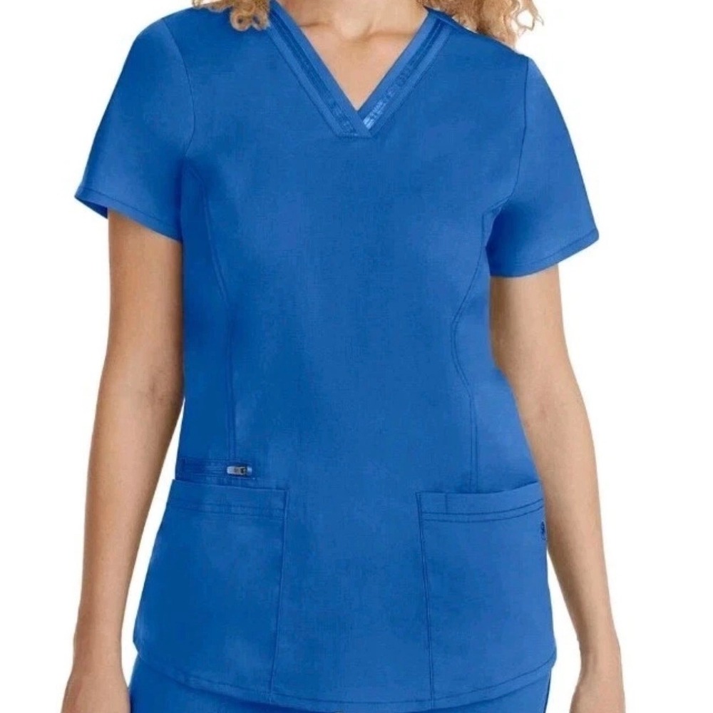 Healing Hands Scrubs Purple Label Jasmin Top Satin Ribbon Style Royal Blue Zip S